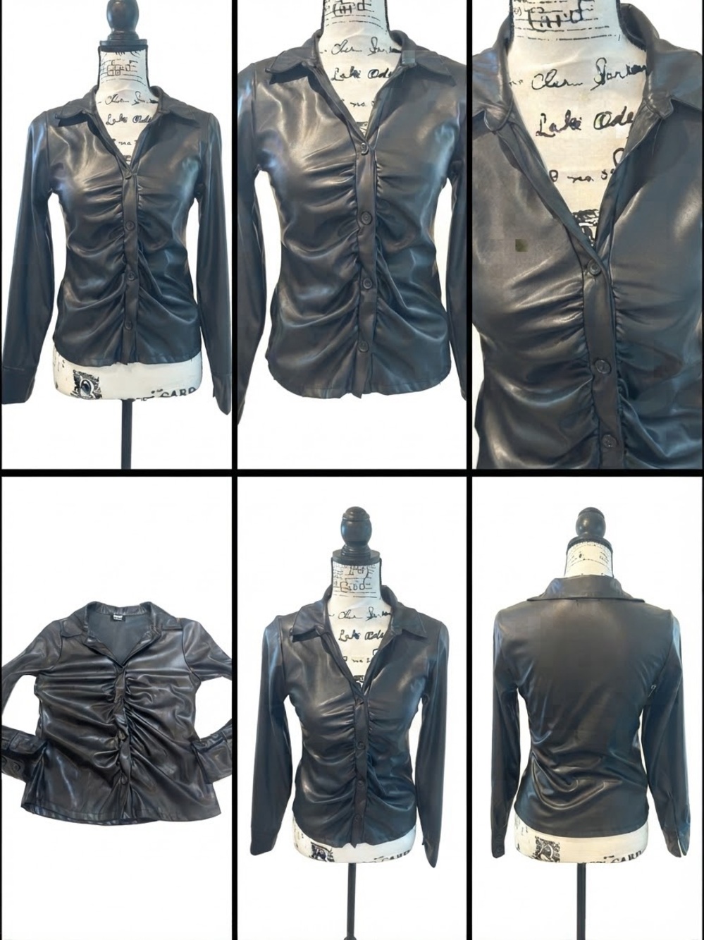 Ruched Faux Leather Button-Up Blouse - Black